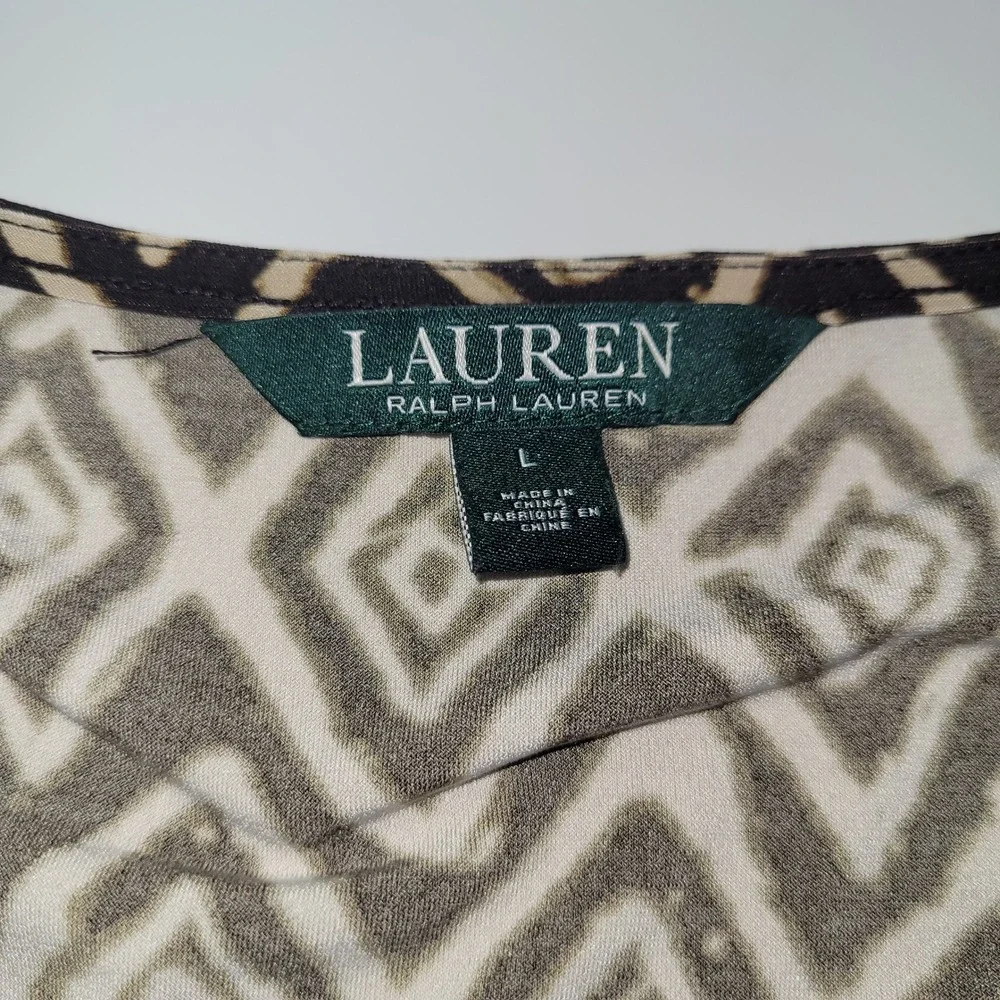 Lauren Ralph Lauren Dress Large‎ Black Beige Diamond Print Sleeveless Ruched
